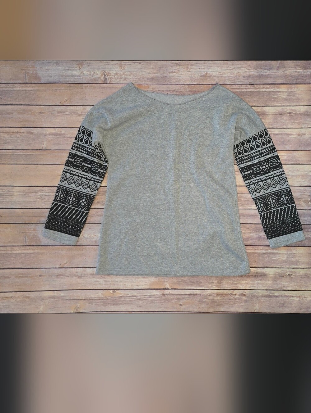 Gray Sweatshirt with Black & White Patterned Sleeves